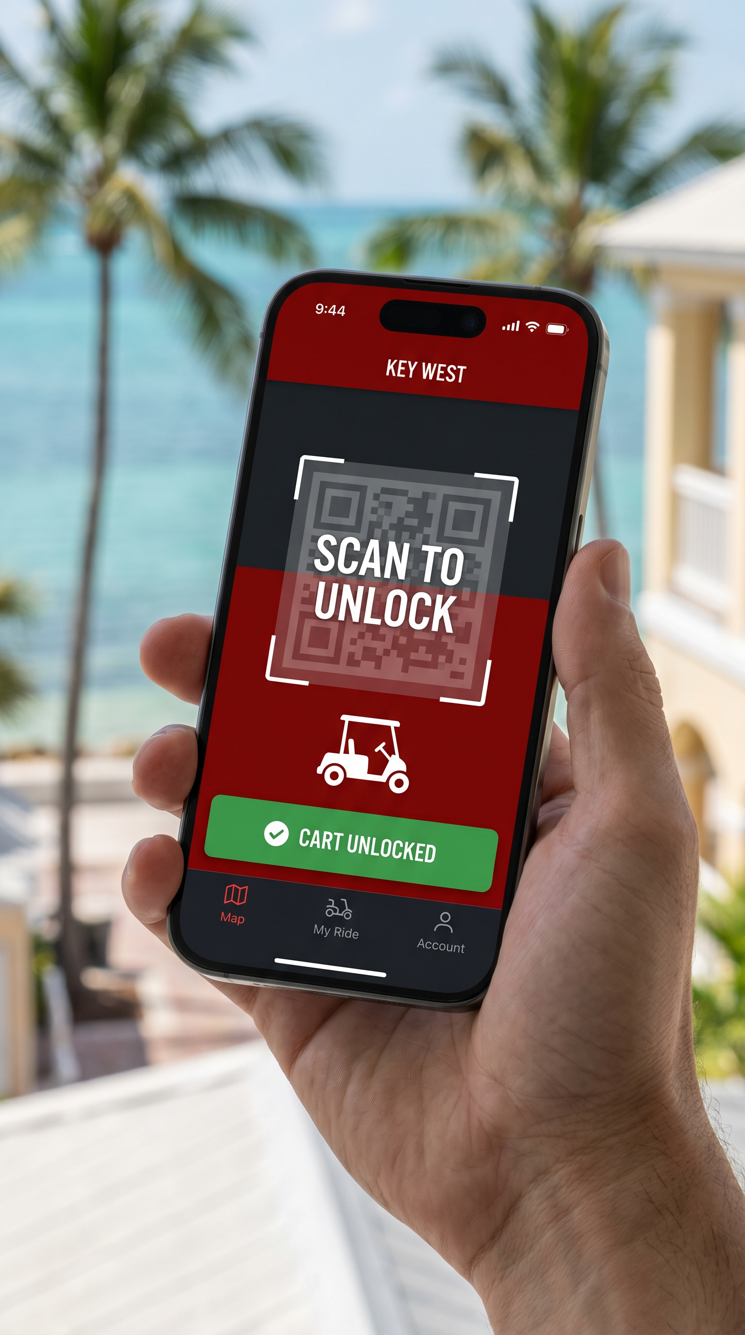 Conch Cart Rentals app — scan QR to unlock golf cart