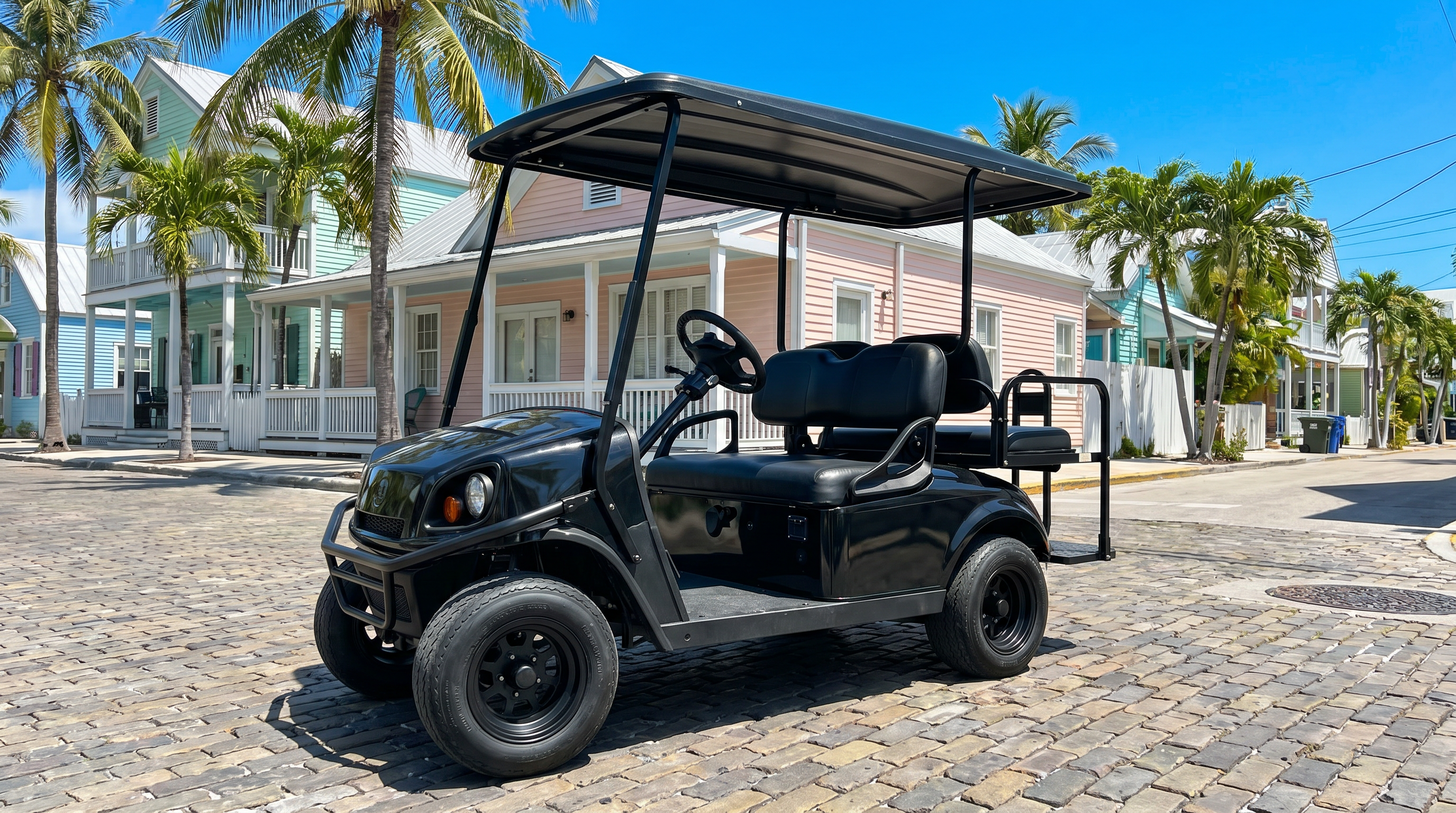 Black golf cart parked in Key West