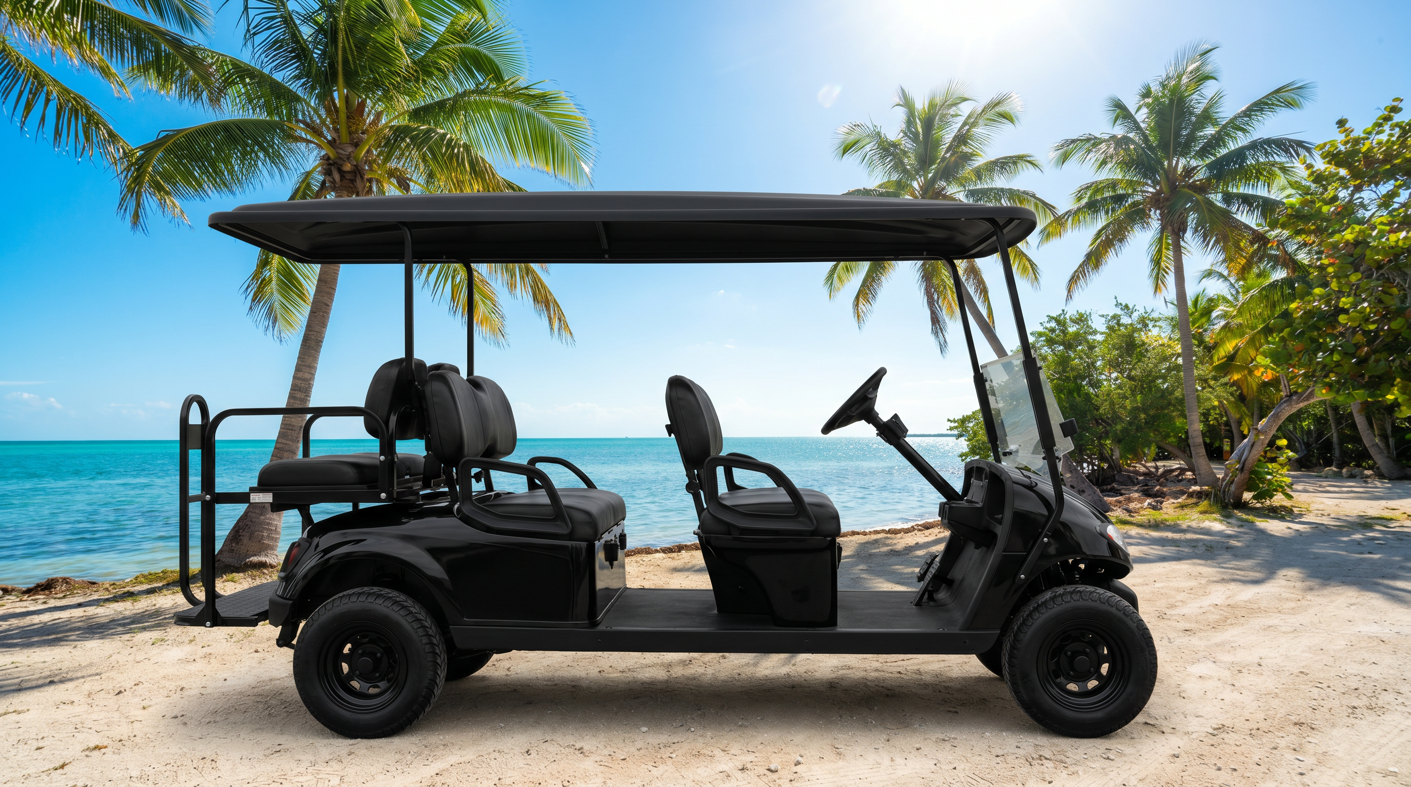 6-passenger black golf cart on Florida Keys beach