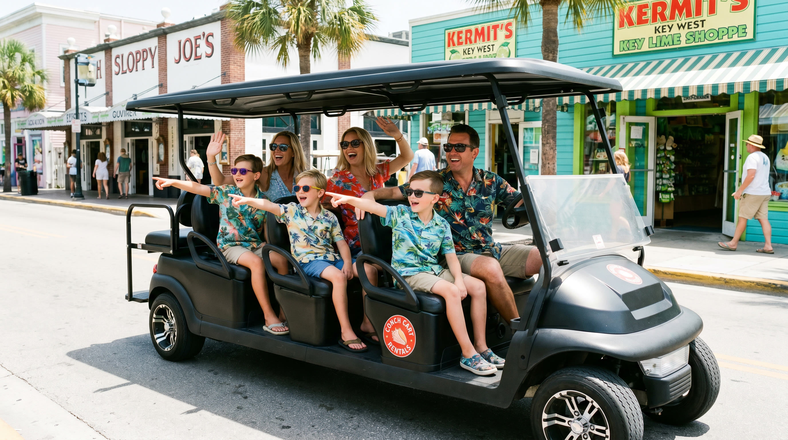 Family on a golf cart in Key West