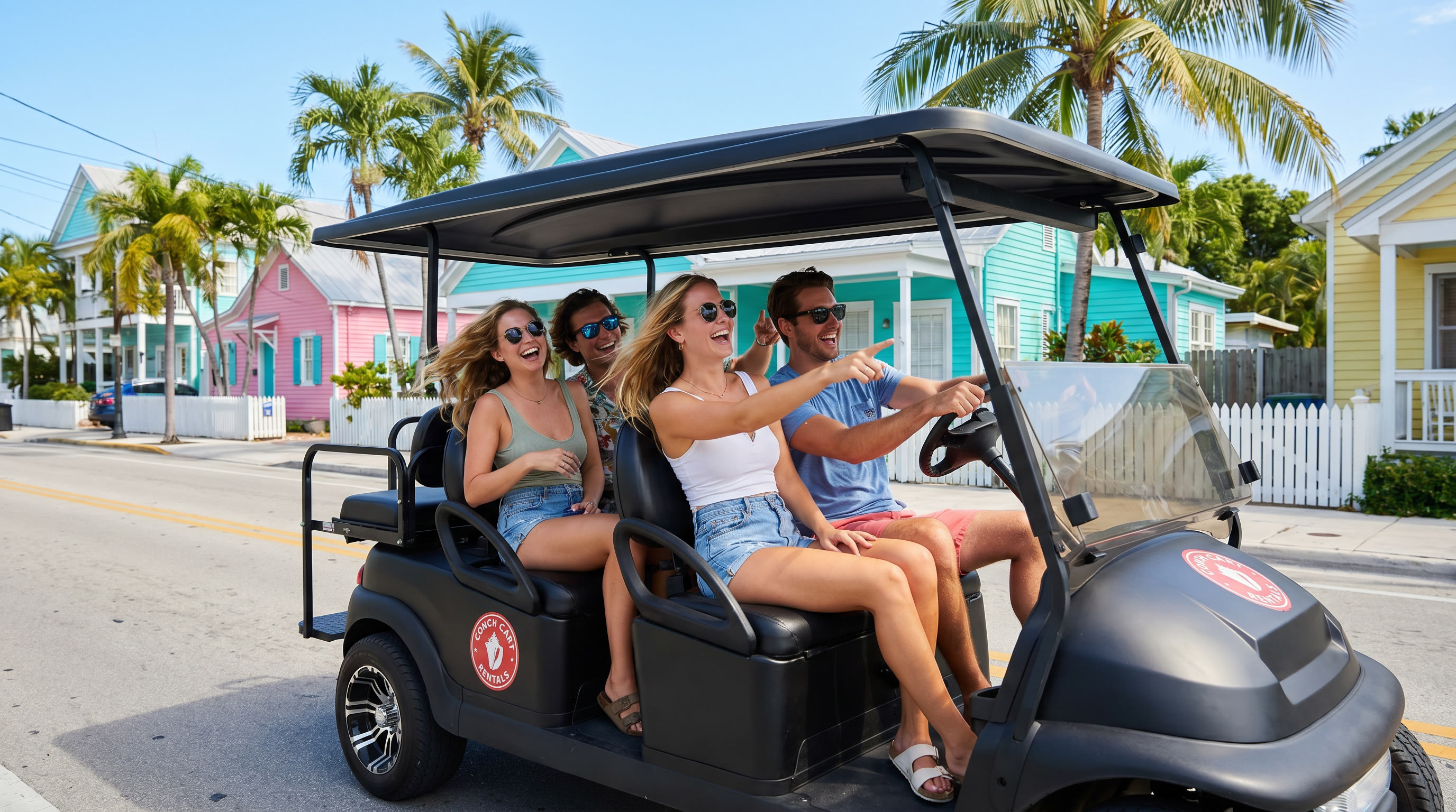 Group of friends on a black golf cart cruising Key West